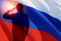 Silhouettes of russian soldiers in uniforms on background of the Russian flag. 3d rendering.