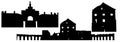 Silhouettes of Ryzhany palace complex of kind of Sapeg in Belarus, set. Vector illustration