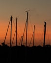 The silhouettes of sailing boat masts at sunset Royalty Free Stock Photo