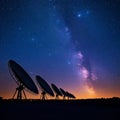 Silhouettes of satellite dishes against the night sky and milky way