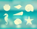 Silhouettes of sea shells, seahorse and starfish on the Colorful background with defocused lights Royalty Free Stock Photo