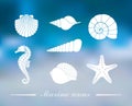 Silhouettes of sea shells, seahorse and starfish on the Colorful background with defocused lights Royalty Free Stock Photo