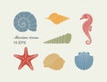 Silhouettes of sea shells, seahorse and starfish Royalty Free Stock Photo
