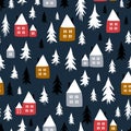 Silhouettes seamless pattern with cute cabins