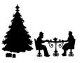 Silhouettes senior grandparents drinking tea at the table by the christmas tree