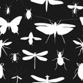 Silhouettes Set of Beetles, Dragonflies and Butterflies Seamless Royalty Free Stock Photo