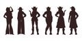 Silhouettes set of cowgirls or western horsewomen, flat vector isolated.