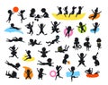 Silhouettes set of summer time children on the beach swimming diving jumping playing ball, making of sand castle, snorkeling, slid