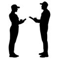 Silhouettes set of warehouse workers with a clipboard. Delivery man and woman