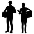 Silhouettes set warehouse workers holding box with a clipboard. Delivery man and woman