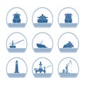 Silhouettes of ships and marine structures