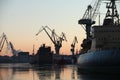 Silhouettes of ships and portal cranes