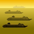Silhouettes of ships at the sea. Vector illustration of a marine transport passenger ships group on a sunset background. Royalty Free Stock Photo