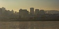 Silhouettes of skyscrapers of Montreal against evening sky