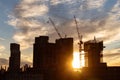 Silhouettes of Skyscrapers Under Construction with Tower Cranes in Brooklyn of New York City during a Sunset Royalty Free Stock Photo