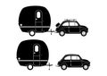 Silhouettes of small vintage car and caravan. Royalty Free Stock Photo