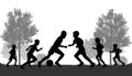 Silhouettes of soccer players boys, kicking ball on background of trees. Street game. Vector illustration Royalty Free Stock Photo