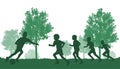 Silhouettes of soccer players boys, kicking ball on background of trees. Street game. Vector illustration Royalty Free Stock Photo