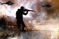 Silhouettes of soldier and helicopters in combat zone. Military Royalty Free Stock Photo