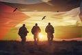 Silhouettes of soldiers against the background of the flag of the Palestine and flying birds