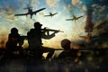 Silhouettes of soldiers and planes in combat zone. Military Royalty Free Stock Photo