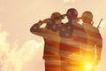 Silhouettes of soldiers with print of sunset. Greeting card for Veterans Day, Memorial Day, Independence Day. Royalty Free Stock Photo