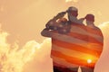 Silhouettes of soldiers with print of sunset and USA flag saluting on a background of light sky. Royalty Free Stock Photo