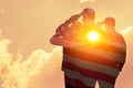 Silhouettes of soldiers with print of sunset and USA flag saluting on a background of light sky. Royalty Free Stock Photo