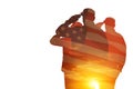 Silhouettes of soldiers with print of sunset and USA flag saluting isolated on white background. Royalty Free Stock Photo