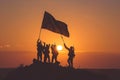 Silhouettes of soldiers raising the flag at sunset evening hymn of victory Royalty Free Stock Photo