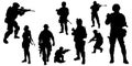 Silhouettes of soldiers. Special forces, armed military. A soldier stands guard, Rangers at the border Royalty Free Stock Photo