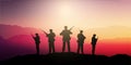 Silhouettes of soldiers standing guard in a sunset landscape Royalty Free Stock Photo