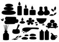 Silhouettes spa tools and accessories black basalt massage stones herbs mortar rolled up towel oil gel and candles illustra Royalty Free Stock Photo