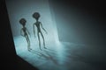 Silhouettes of spooky aliens and bright light in background. 3D rendered illustration.