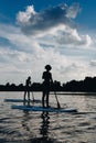 silhouettes of sportswomen surfing on paddleboards on river