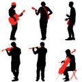 Silhouettes street musicians playing instruments. Vector illustration