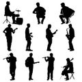 Silhouettes street musicians playing instruments on a white background