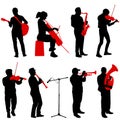 Silhouettes street musicians playing instruments on a white background