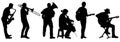 Silhouettes street musicians playing instruments on a white background