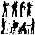 Silhouettes street musicians playing instruments on a white background