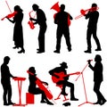 Silhouettes street musicians playing instruments on a white background