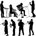 Silhouettes street musicians playing instruments on a white background