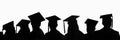 Silhouettes of students with graduate caps in a row isolated on white panoramic background. Graduation ceremony university web