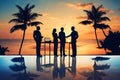 Silhouettes of successful business people working on meeting on a beach. Royalty Free Stock Photo