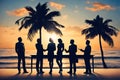 Silhouettes of successful business people working on meeting on a beach. Royalty Free Stock Photo