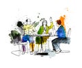 Silhouettes of successful business people working on meeting. Sketch with colourful water colour Royalty Free Stock Photo