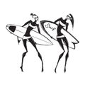Silhouettes of surf girls. Royalty Free Stock Photo