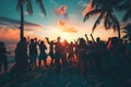 Silhouettes sway in a vibrant sunset at a tropical beach dance party, epitomizing summer joy. Royalty Free Stock Photo