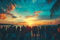 Silhouettes sway in a vibrant sunset at a tropical beach dance party, epitomizing summer joy. Royalty Free Stock Photo