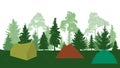 Silhouettes of tents and forest fir trees and pines, camp. Vector illustration